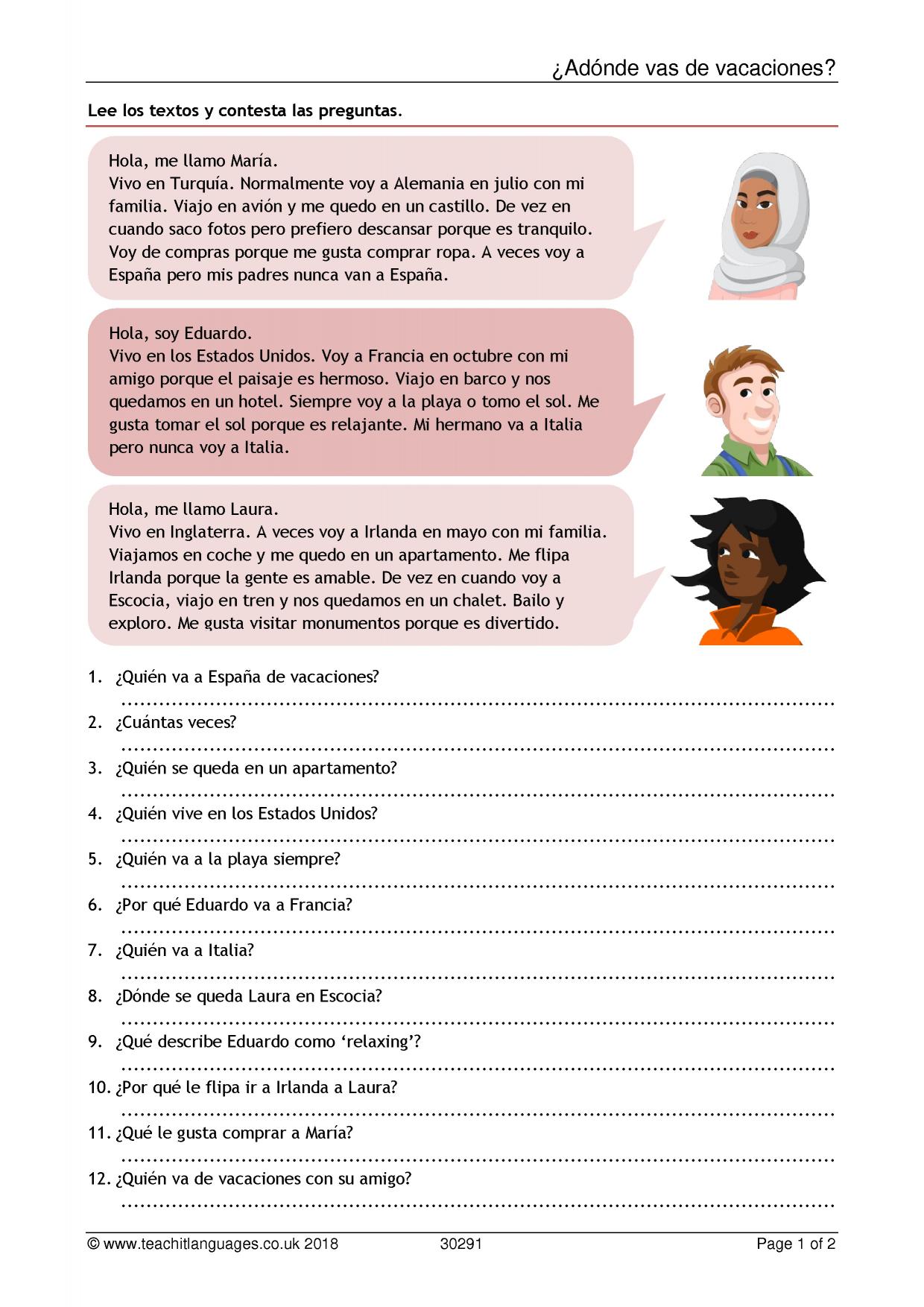 KS11 Spanish  Reading  Teachit Languages In Spanish Reading Comprehension Worksheet